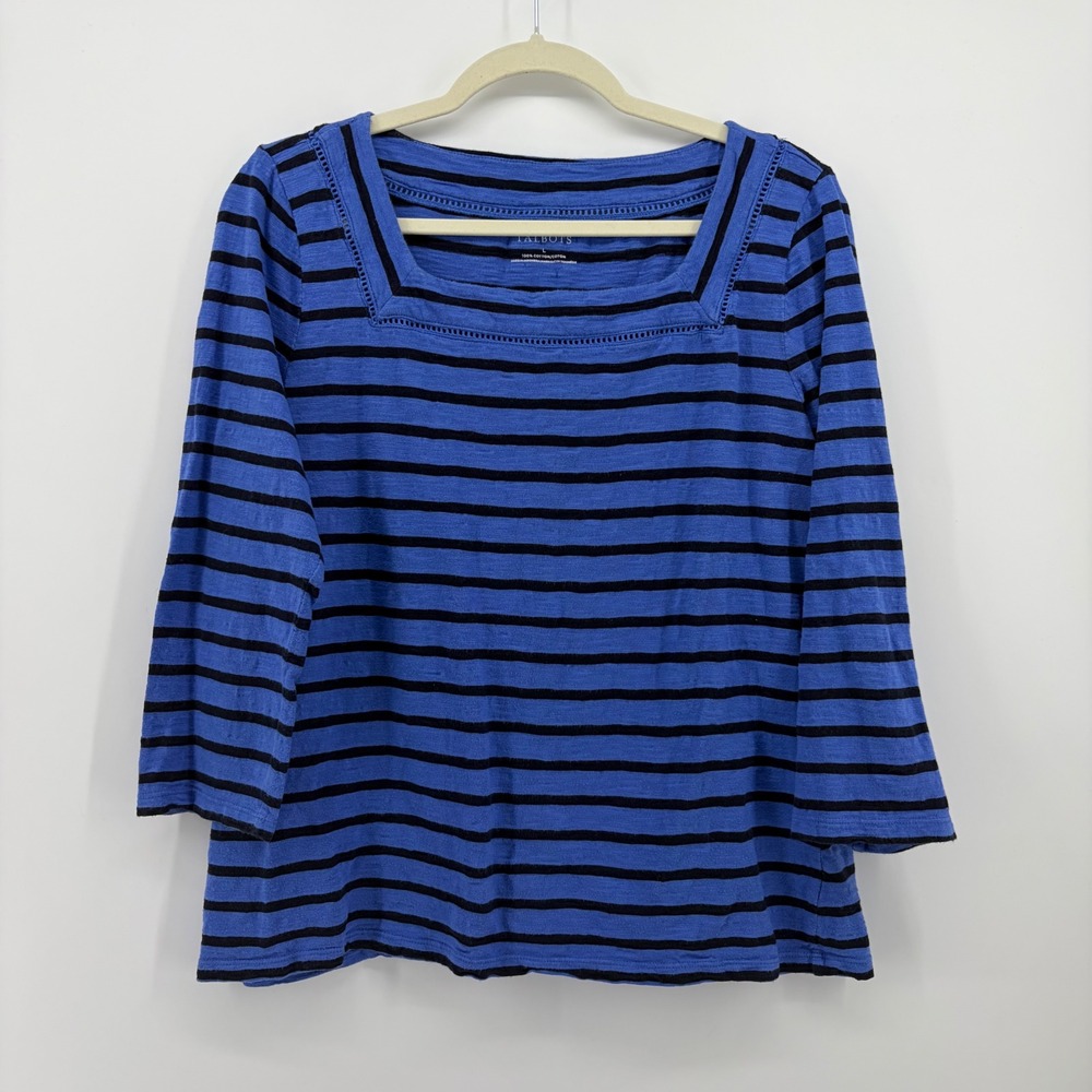 Talbots Womens Large Blue Striped Square Neck 3/4 Sleeve Ladder Stitch Top